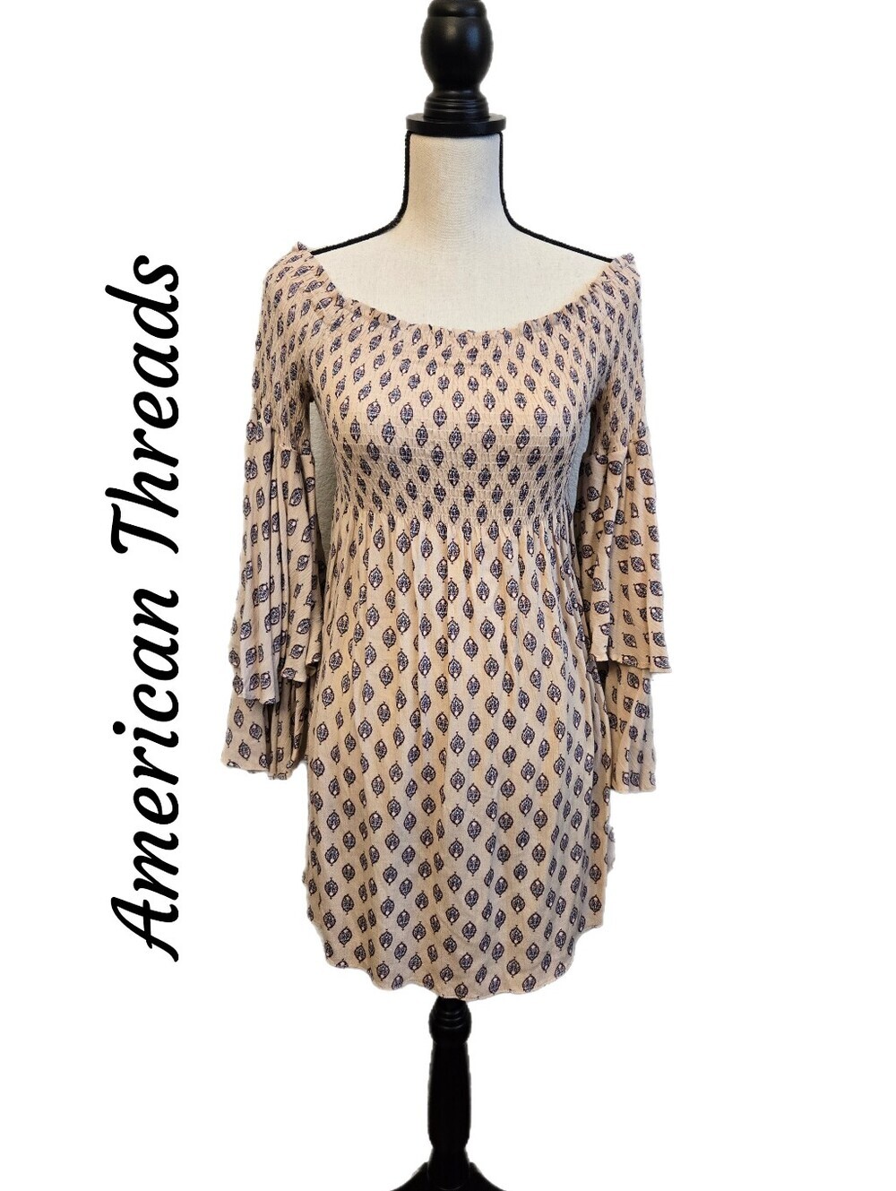 American Threads Womens Mini Dress Sz M Dramatic Sleeves Boho Off Shoulder